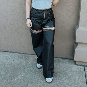 Black Leather Pants with Studded Detail